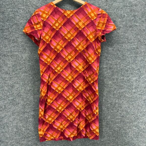 Liz Claiborne Dress Women 10 Pink Plaid Shift Short Button Short Sleeve Linen - Picture 1 of 7